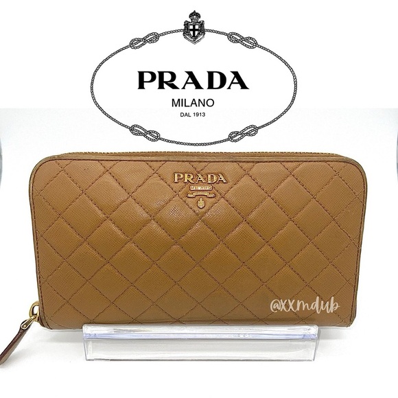 ‼️ RARE PRADA Quilted Zip Around Wallet Caramel Gold Hardware Saffiano Leather - Picture 1 of 16